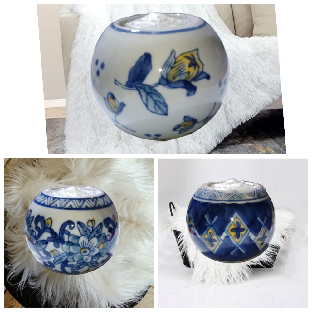 Centrum ~Ceramic Ball Tealight Holders White, Blue with Flowers and Cand…